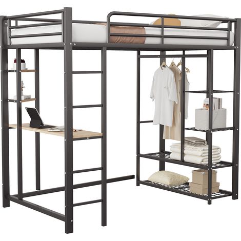 Lit mezzanine 90x200 cm avec échelle, bureau, rangement,sans matelas