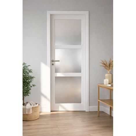 Bloc Puerta Kenya Blanco Vidrio H204 x L83 cm Marco Cuadro P.derecha, manija Pomerol GD MENUISERIES