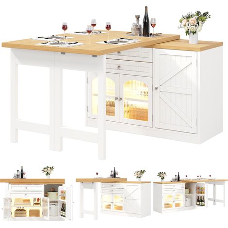 îlot de cuisine extensible,120-194x40x73,5cm,table à manger rotation 360°Avec 2 tiroirs et étagères snacks,Blanc (1/5)