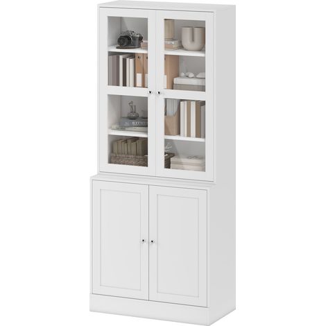 HOMCOM Libreria con 2 Armadietti, Ripiani Regolabili e Ante in Vetro Bianco