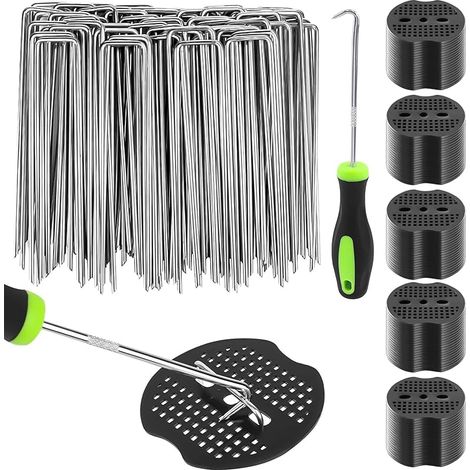 Piquets de Jardin, Sardines Camping, 100 Pcs + 100 Rondelles, en Acier (150x40x3mm) avec Crochet de Crochet, pour Le Jardin, Le Paillis et Le Gazon Artificiel (100 Pièces)