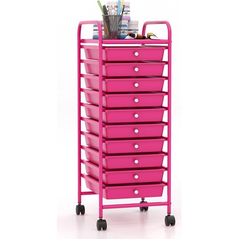Chariot de Rangement à Roulettes avec 10 Tiroirs en PP, Tour de Rangement Mobile avec Poignée, Tablette Grand, Cadre en Métal, 37x33x86CM, Meuble Desserte pour Salle de Bain, Cuisine, Bureau (1/5)