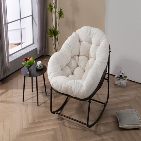 Fauteuil à bascule d'extérieur en rotin, avec coussin rembourré, idéal pour véranda, salon, terrasse ou jardin, blanc. (1/5)