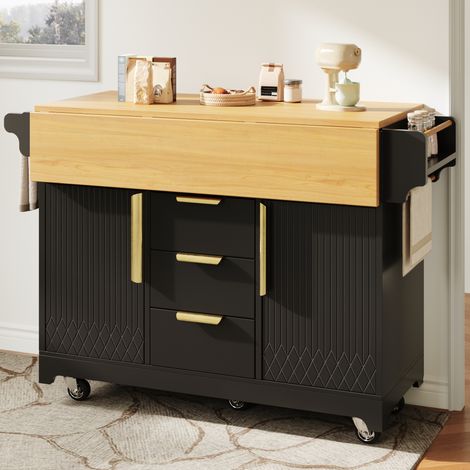 Îlot de cuisine mobile sur roulettes, Plateau extensible rabattable 120-197 cm, 3 Tiroirs, Rangement intégré et Porte-Serviettes, Design Rainuré - Noir (1/5)