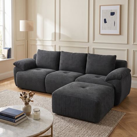 Canapé d'angle modulable avec pouf, 264x89x71 cm, Sans montage, Velours côtelé, scandinave, Gris foncé (1/5)