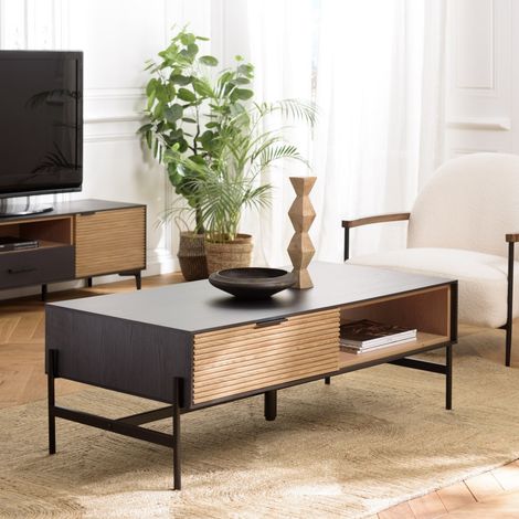 CHARLIE - Table basse 2 tiroirs 1 niche en bois pin marron et noire (1/5)