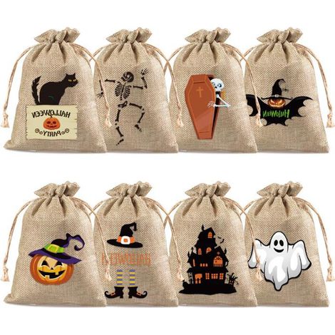 Lot de 24 petits sacs cadeaux d'Halloween en toile de jute avec cordon de serrage, parfaits pour les fêtes d'enfants et d'adultes. (1/5)