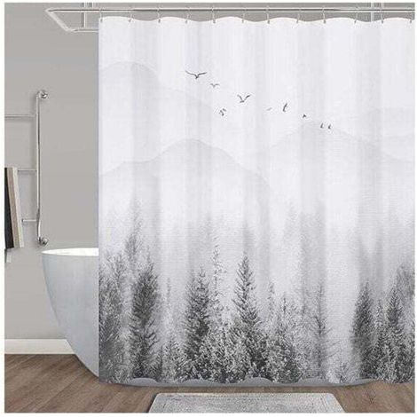 Duschvorhang, grüner Duschvorhang, Duschvorhang-Set mit Bergmotiv, grauer Duschvorhang für Badezimmer, wasserabweisend, Hotel, 183 x 183 cm (1/4)
