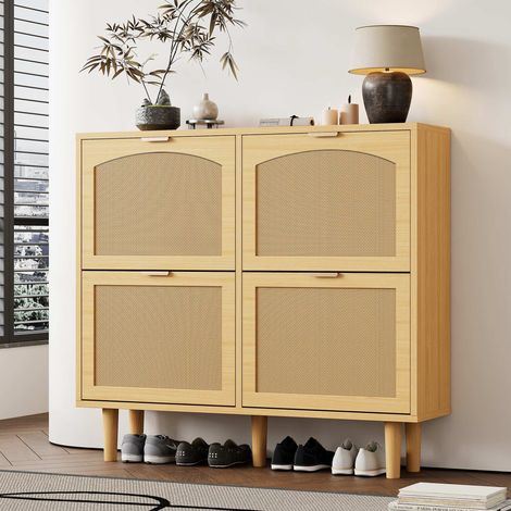 Meuble à chaussures effet rotin 100x25x90 cm, 4 portes basculantes, rangement chaussures avec poignées métal, style campagne pour entrée ou chambre (1/5)