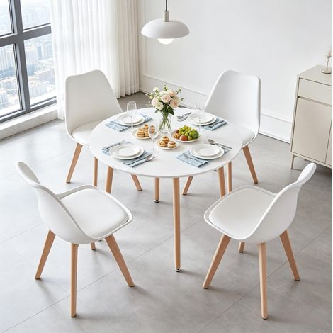 OKWISH Set da pranzo con tavolo rotondo Ø 80 cm e 4 sedie bianche effetto legno (1/5)