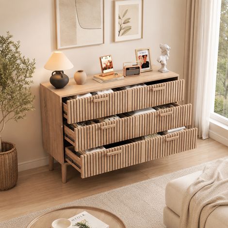 Commode à 6 tiroirs 100×34×73cm, grand meuble de rangement, design à lattes verticales, armoire de rangement, anti-basculement, poignées en bois, pour salon et chambre, Couleur bois naturel (1/5)