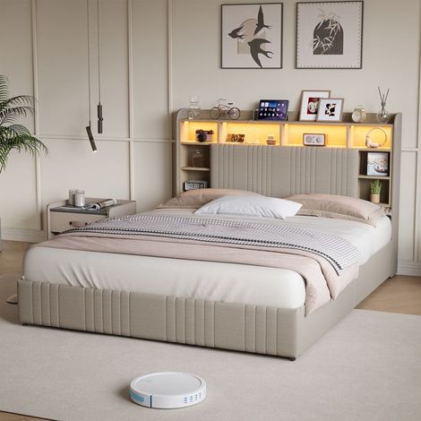 Cama doble 140x200 cm, Cama 140x200 cm con 4 cajones y luz LED, Cama para adultos 140x200 cm, Somier de lamas, Tela de lino, Beige (1/5)