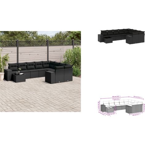 10-tlg. Garten-Sofagarnitur mit Kissen Schwarz Poly Rattan - Gartenmöbel Set - PE-Rattan Möbel - Outdoor Lounge - Esstisch Set - Balkonmöbel (1/3)