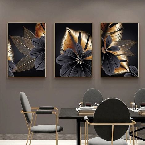 Lot de 3 affiches sur toile - Motif : feuille de plantes - Noir - Impression moderne - Décoration murale - Peinture murale 3040cm-, Ensoleillé (1/5)