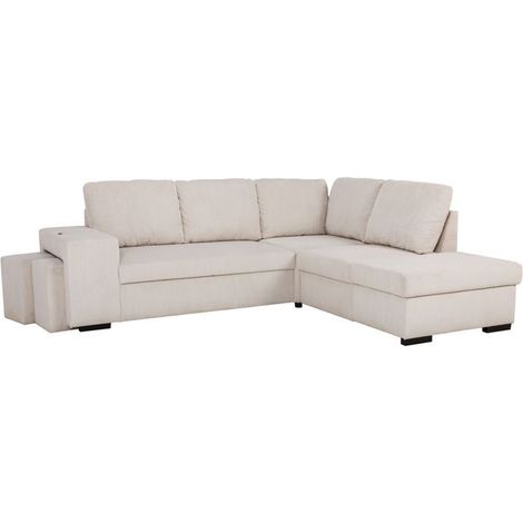 Canapé d'angle convertible réversible - 4/5 places - MITCHELL - Velours côtelé Beige - Coffre, Poufs USB - 247 x 205 x 91 cm