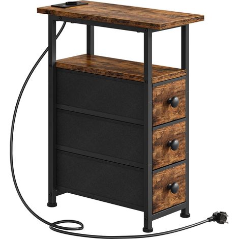 Table de Chevet avec Multiprise, 1 Prise et 2 Ports USB, Table d’Appoint avec 3 Tiroirs, Bout de Canapé avec Rangement, Petit Espace, Salon, Chambre, Marron Rustique et Noir EBF482CBZ01 (1/5)