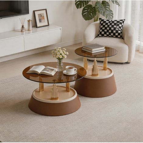 Table basse gigogne 70x48x60 cm en verre et métal marron, gain de place pour salon FloraGrace (1/5)