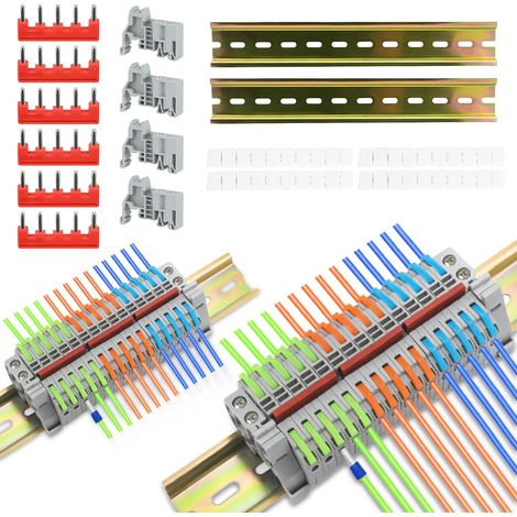 Lot de 30 colliers de serrage compacts pour rail DIN de 0,08 à 2,5 mm² - Kit de bornes de serrage avec bandes de marquage vides, bandes de jonction (5 broches) et rails de guidage - Borne de passage (1/5)