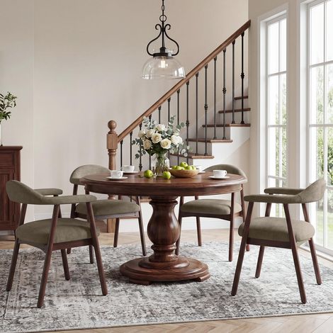 Lot de 4 chaises de Salle à Manger avec accoudoirs, Chaise rembourrée en Tissu Dossier incurvé et Pieds en Bois, Style Moderne des années 50 pour Cuisine et Salle à Manger, Camel (1/5)