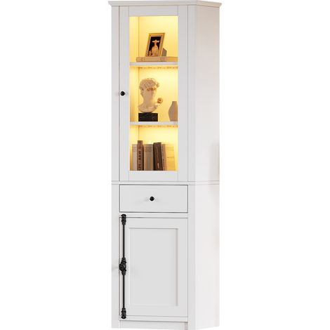 CAIziGrande vitrine haute 55 x 40 x 200 cm, vitrine sur pied avec une tablette, vitrine en verre avec LED, blanc, avec poignées en métal et en alliage d’aluminium