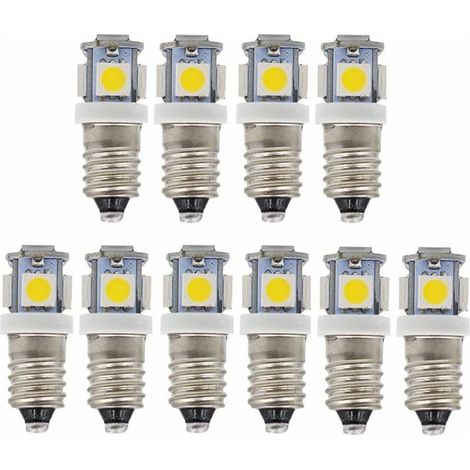 10 bombillas LED E10 de 6 V, luz blanca fría, 5 SMD, 0,5 W, 50 lúmenes (luz blanca fría) (1/5)