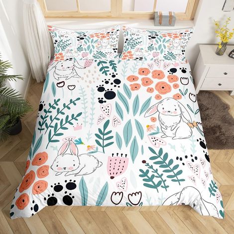 Parure de Lit 220x240 Enfant Fille Lapin, Housse de Couette Lapin de Dessin Animé, Ensemble de Literie Mignonne Fleur en Forme de Coeur d'amour, Couvre Lit Animaux À Pattes, Doux (1/5)