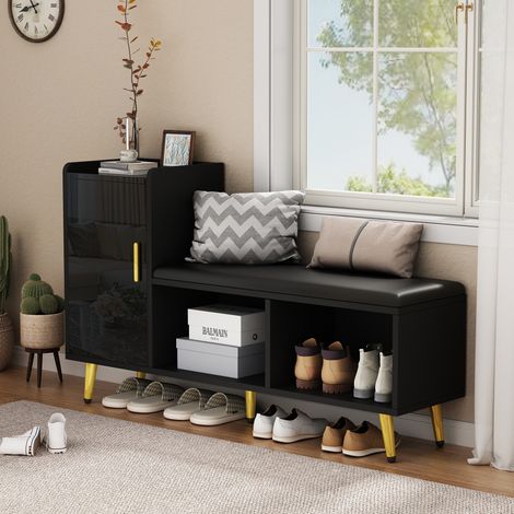 Porte d'armoire noire laquée brillante avec espace de rangement, meuble à chaussures d'entrée, étagère à plusieurs niveaux avec siège rembourré, banc à chaussures avec rangement, accessoire doré pour (1/5)