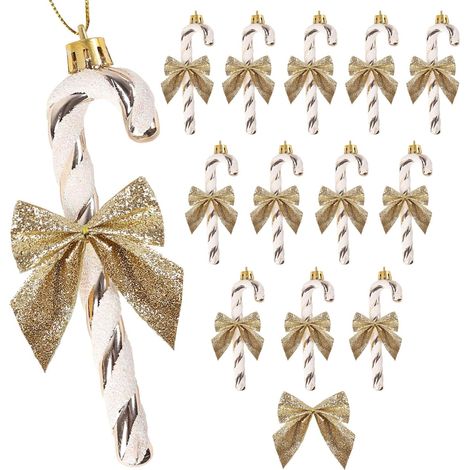Lot de 12 cannes à sucre d'orge à paillettes avec nœud en plastique champagne pour décoration de sapin de Noël (nœud doré) (1/5)