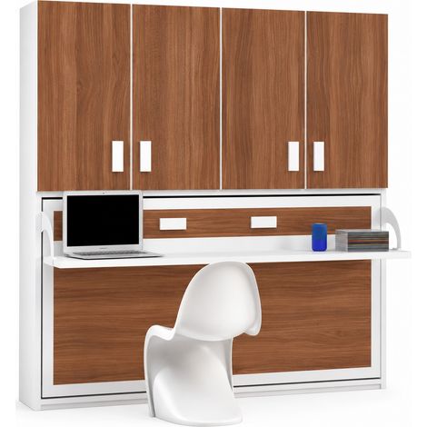 Lit escamotable horizontal avec bureau et armoire MIKO - Profondeur 34,5cm-Noyer-140x190 (1/5)