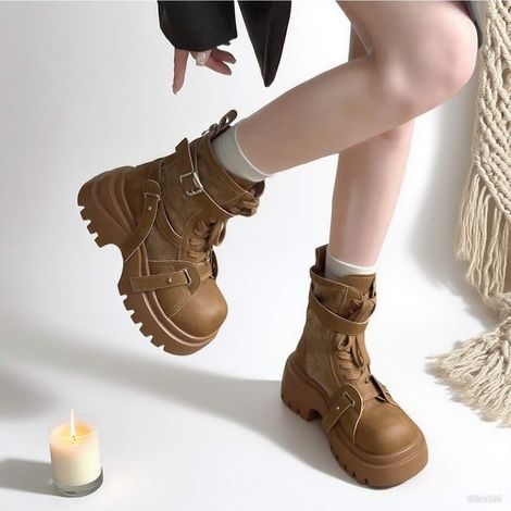 Bottines en toile à plateforme, bottes pour femmes à bout large, nouvelle collection Automne/Hiver 2025, bottines mi-mollet pour femmes de petite taille, bottes de moto à talons hauts. (1/5)