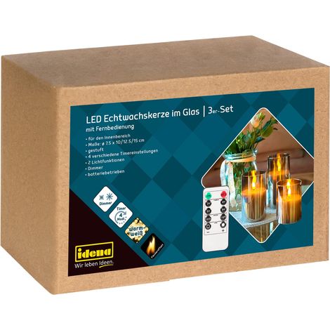 Idena 50062 - Candele a LED con funzione timer, batteria, dimmer, 2 impostazioni di luce e telecomando, candele di cera a 3 livelli in vetro per uso interno (1/4)