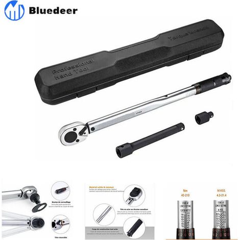 Clé dynamométrique professionnelle 1/2" (28-210N), barre d'extension de calibration 24T, réducteur de 3/8", boîte de certification pour réparateurs HTW2B-Crezuo