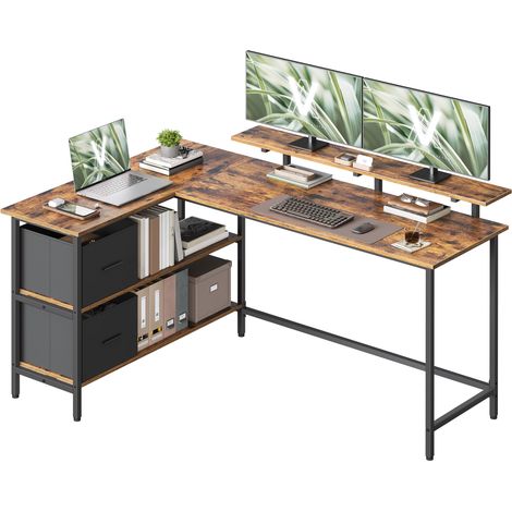 Bureau pour Ordinateur en Forme de L, Bureau d'angle, 2 Tiroirs Spacieux, Support de Moniteur, Étagère Réglable, 155 x 105 cm, Marron Rustique et Noir d’Encre LWD129K101 (1/5)