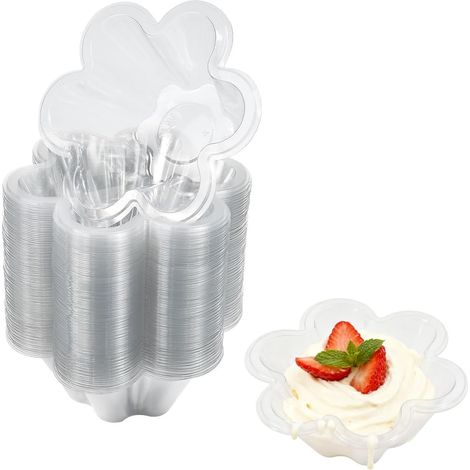 JSSEVN-100 Pcs Coupes à Dessert, Tasse à Dessert en Forme de Fleur 250ml, Verrines Apéritif Transparentes, Coupe Glace Plastique Réutilisable (1/5)