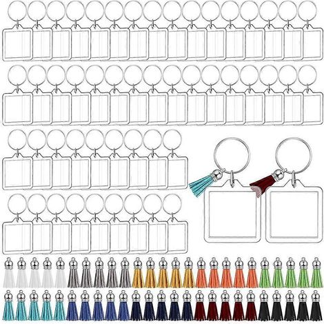 Cadre photo en acrylique avec pendentif à pompon, photo insérable, cadre transparent, porte-clés vierge, idéal pour la fabrication de cadres photo carrés DIY. (1/5)
