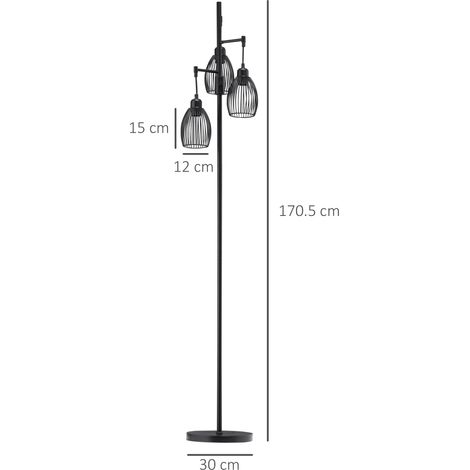 Lampadaire industriel avec 3 abat-jour et fonction de variation d'intensité, en acier, 30x30x170,5cm, noir. (1/5)