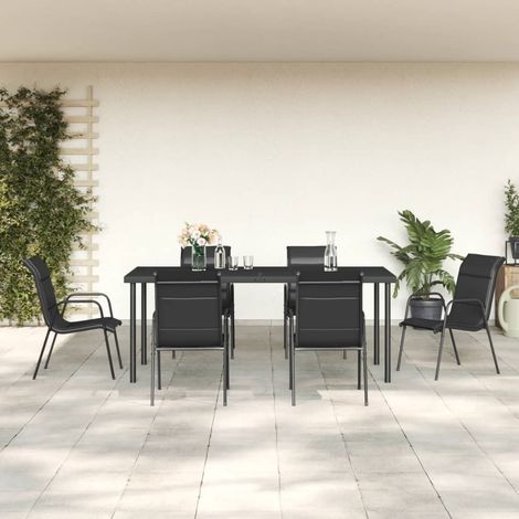 7-tlg. Garten-Essgruppe Schwarz Stahl und Textilene