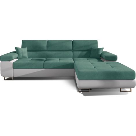 Canapé convertible d'angle droit tissu vert et simili cuir blanc avec rangement Wile 280cm (1/5)