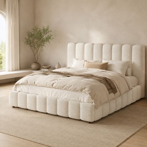 Cama baúl 180x200 cm de bouclé blanco con almacenaje, sin colchón FloraGrace (1/5)