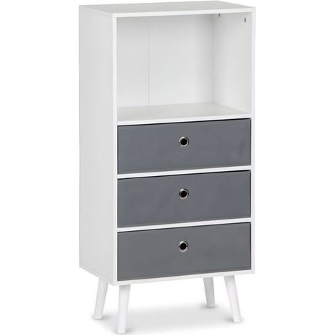 Commode - JUANIO - Design scandinave moderne - Blanc - 3 tiroirs tissu gris - Niche ouverte
