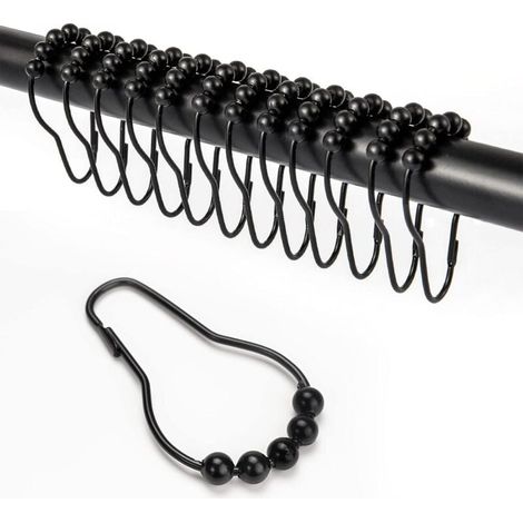 Lot de 12 Crochets de Rideau de Douche Noirs, Anneaux Coulissants en Acier Inoxydable pour Tringle de Salle de Bain