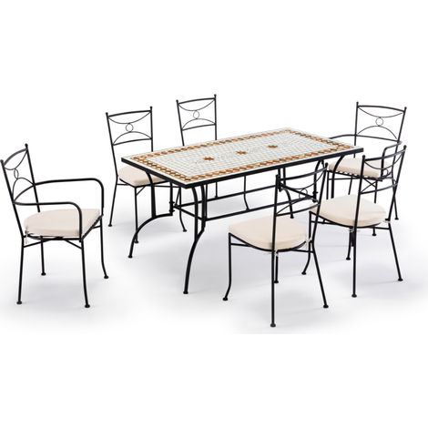 Set pranzo da giardino 6 posti con tavolo in mosaico di ceramica sedie e cuscini
