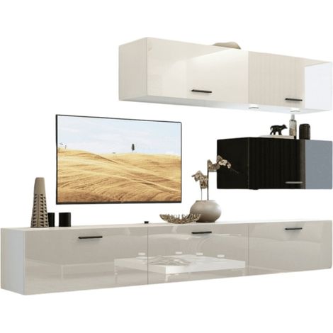 Set di mobili da soggiorno bianco e nero, sospesi collezione CEPTO XXV. 249cm, 6 pezzi, con LED, modulari.