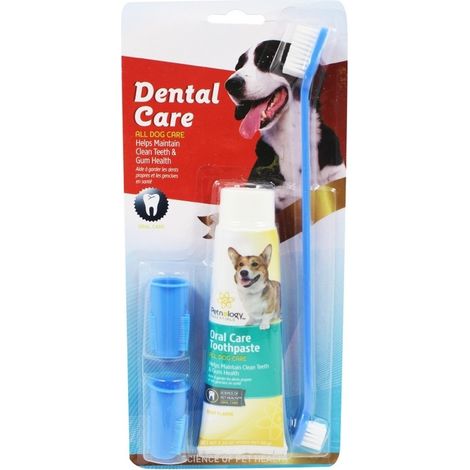 TrAdE Shop Traesio - Set Spazzolino Lungo Doppio + Dentifricio + 2 Testine Dito Per Cane Animali -