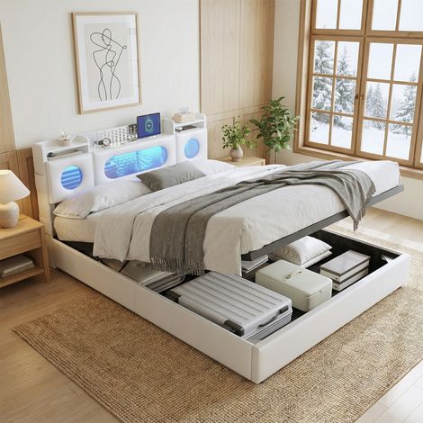 Letto contenitore 160x200, letto matrimoniale con apertura idraulica e illuminazione LED, porte USB/Type-C, letto per adulti, testiera con rangement intelligente, rete inclusa, stile scandinavo(160x20