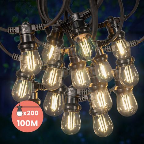 Guirlande Guinguette 100M 200 Bulbes Filament Blanc Chaud - Guirlande Lumineuse Ampoule E27 Transparente - Guirlande Guinguette Led Filament rétro