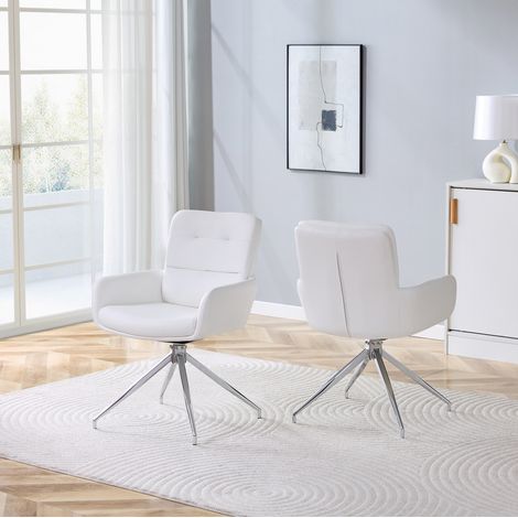 Set di 2 sedie girevoli da pranzo, schienale con bottoni, PU bianco, gambe in metallo argentato (1/5)
