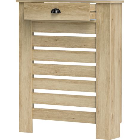 Couvercle de radiateur cache radiateur grille à lattes horizontales avec 2 tiroirs en bois 78l x 19P x 95,5H cm chêne