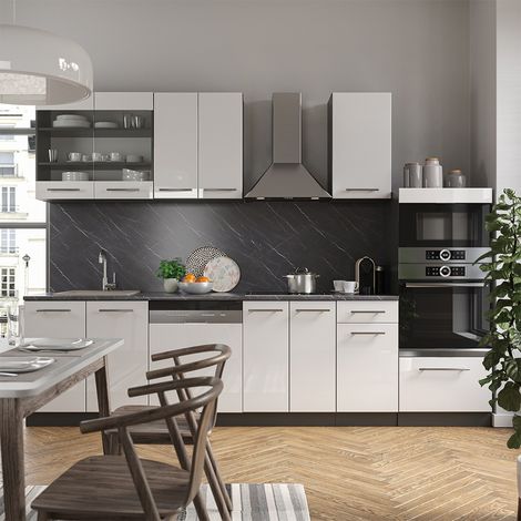 Cucina componibile Fame-Line, Bianco lucido/antracite, 300 cm con armadio alto, PL Antracite, Vicco