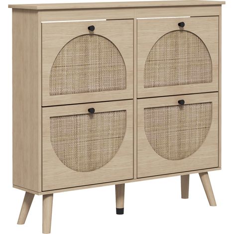 Scarpiera con 4 ante a ribalta, capacità 20 paia, ripiano regolabile, stile bohémien, gambe in legno massello, 105 x 24 x 97,5 cm, finitura naturale.